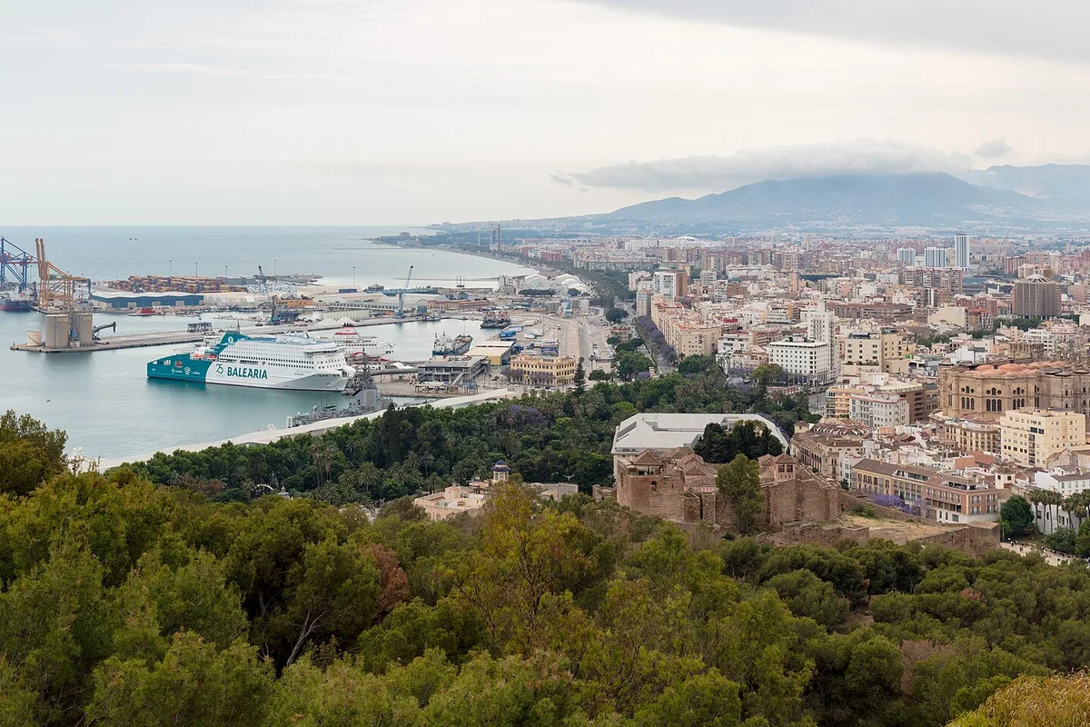 Malaga old town, cathedral and port seen from the Gibralfaro castle hill