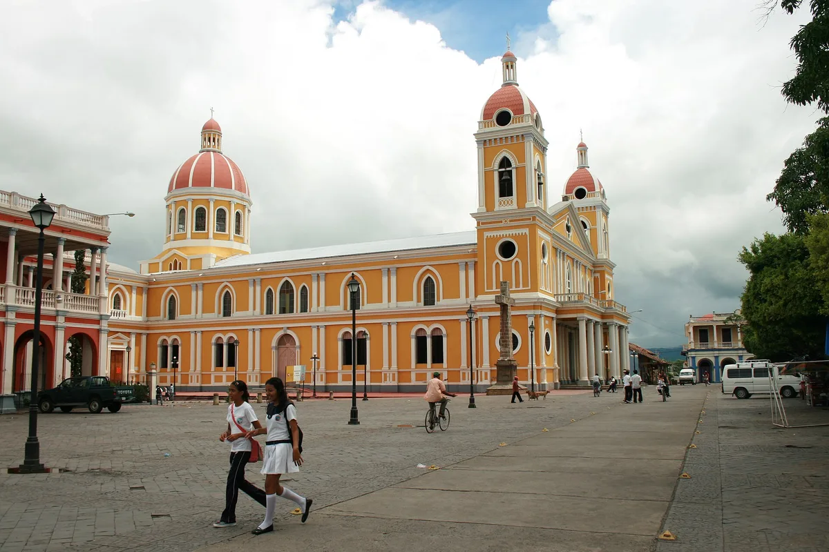 The yellow cathedral of Granada, Nicaragua, across its central plaza