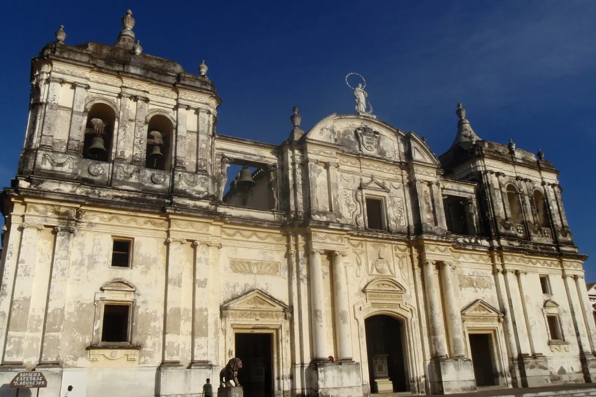 The weathered baroque facade of León Cathedral, Nicaragua