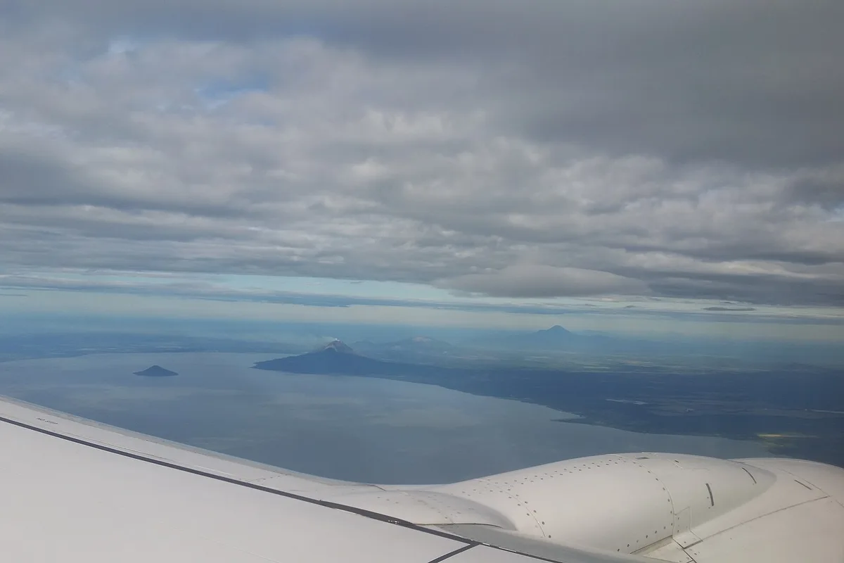 Momotombo Volcano and Isla Momotombito in Lake Managua, seen from the air