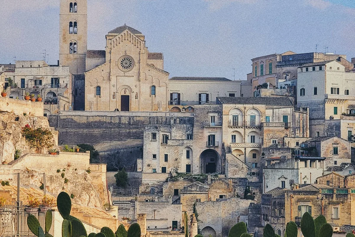 Matera Cathedral above the Sassi, prickly pears in the foreground