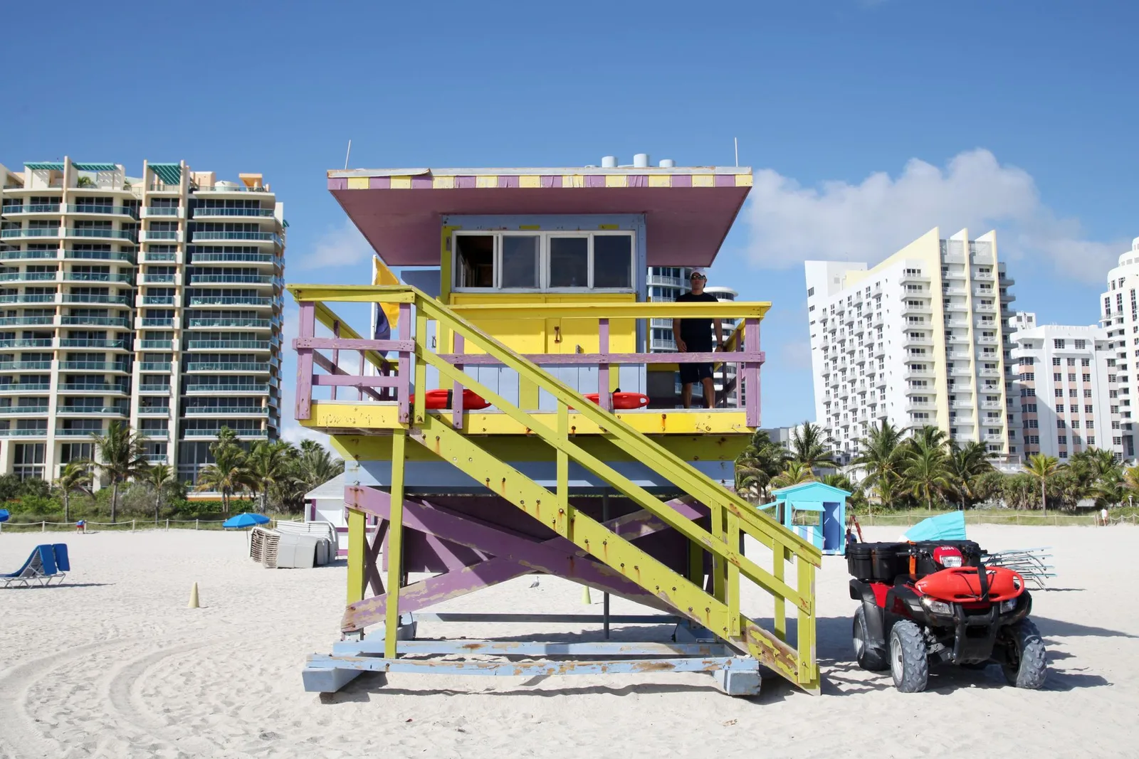 A colourful Miami Beach lifeguard tower on the sand