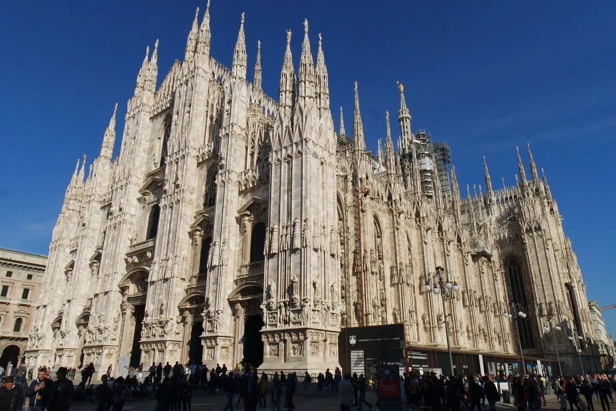 Milan Cathedral and its marble spires over Piazza del Duomo