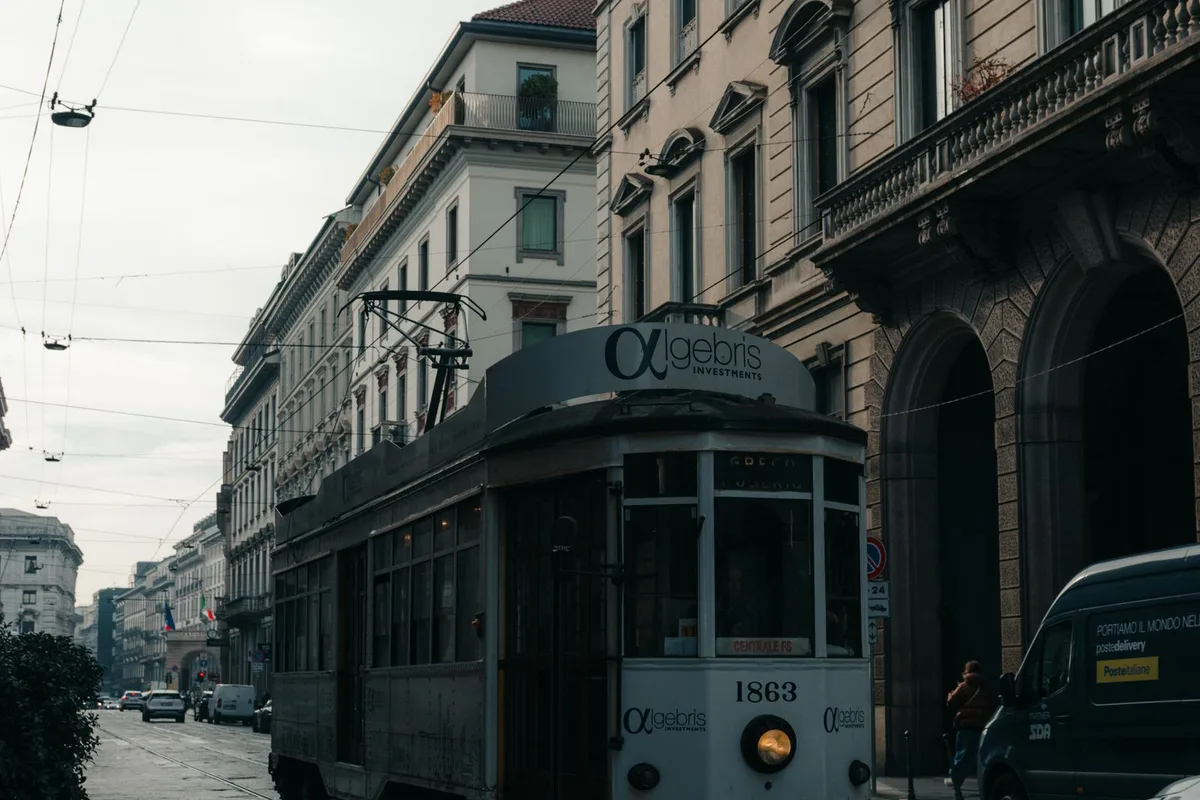A Milan tram rolling through the historic centre