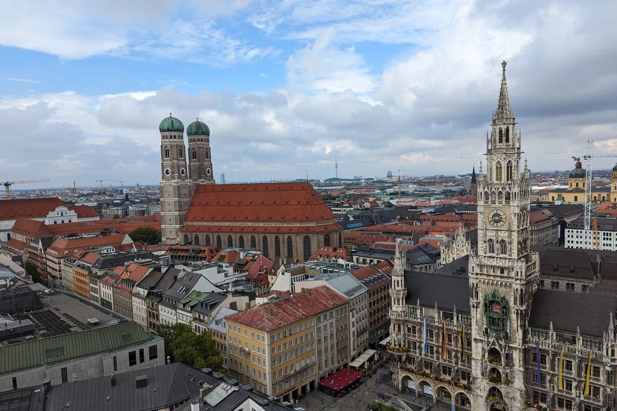 Marienplatz and the Frauenkirche towers above the rooftops of Munich old town