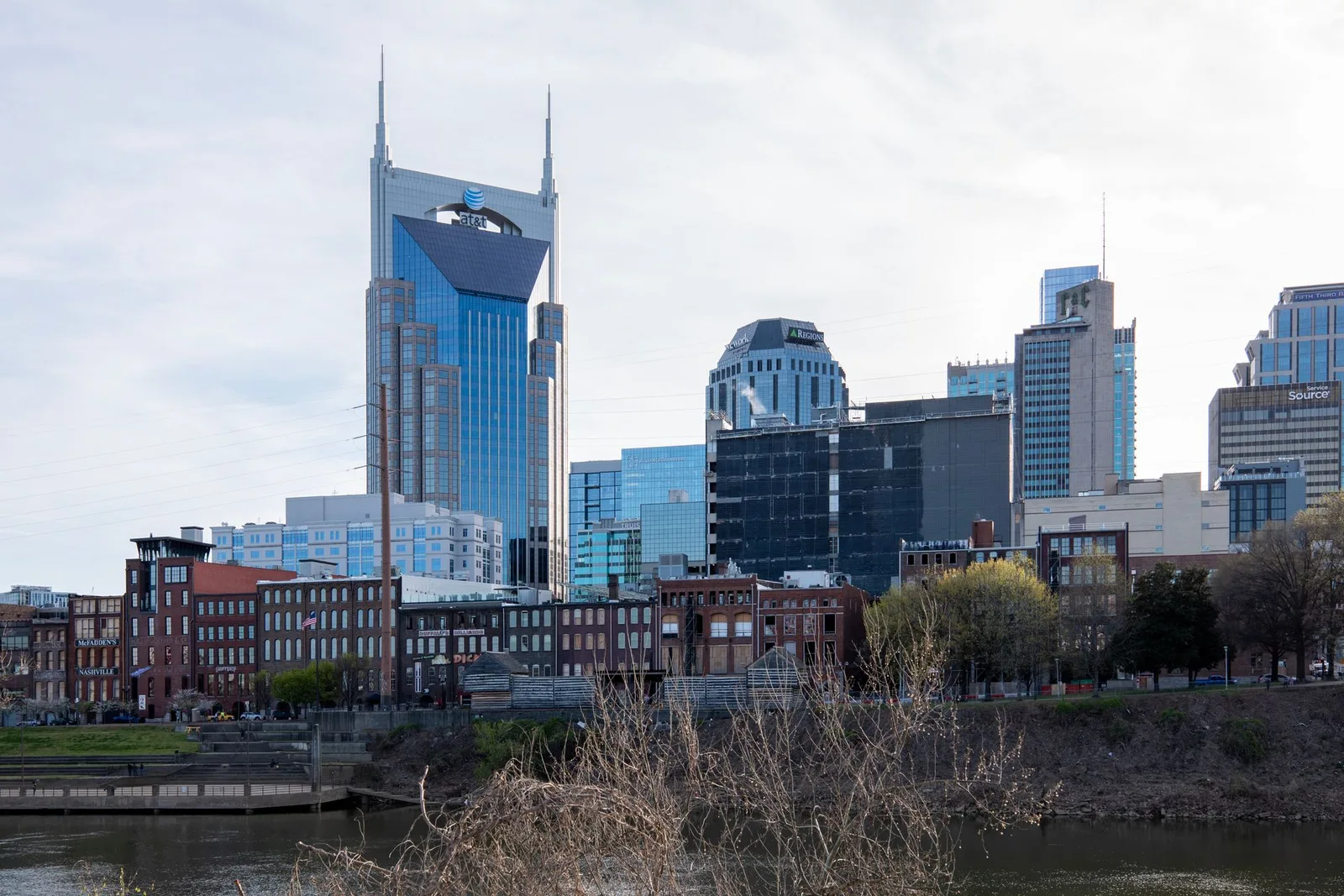 The Nashville skyline and the Batman Building from across the Cumberland River