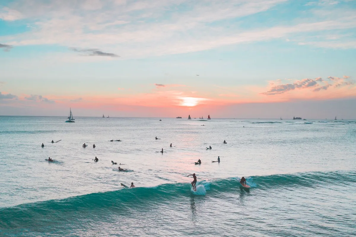 Surfers and swimmers in gentle Waikiki waves at sunset