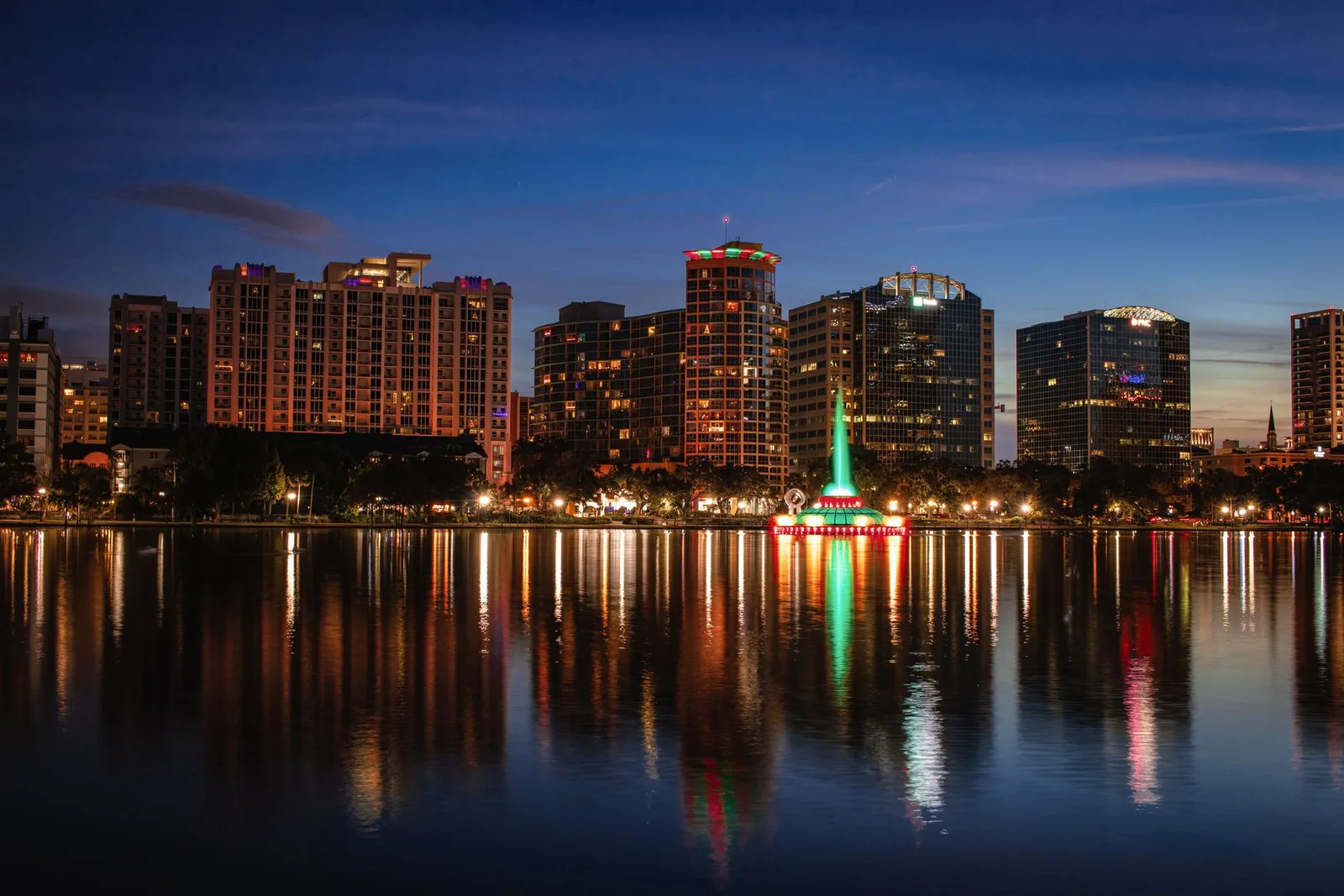 Downtown Orlando and Lake Eola under a clear winter sky