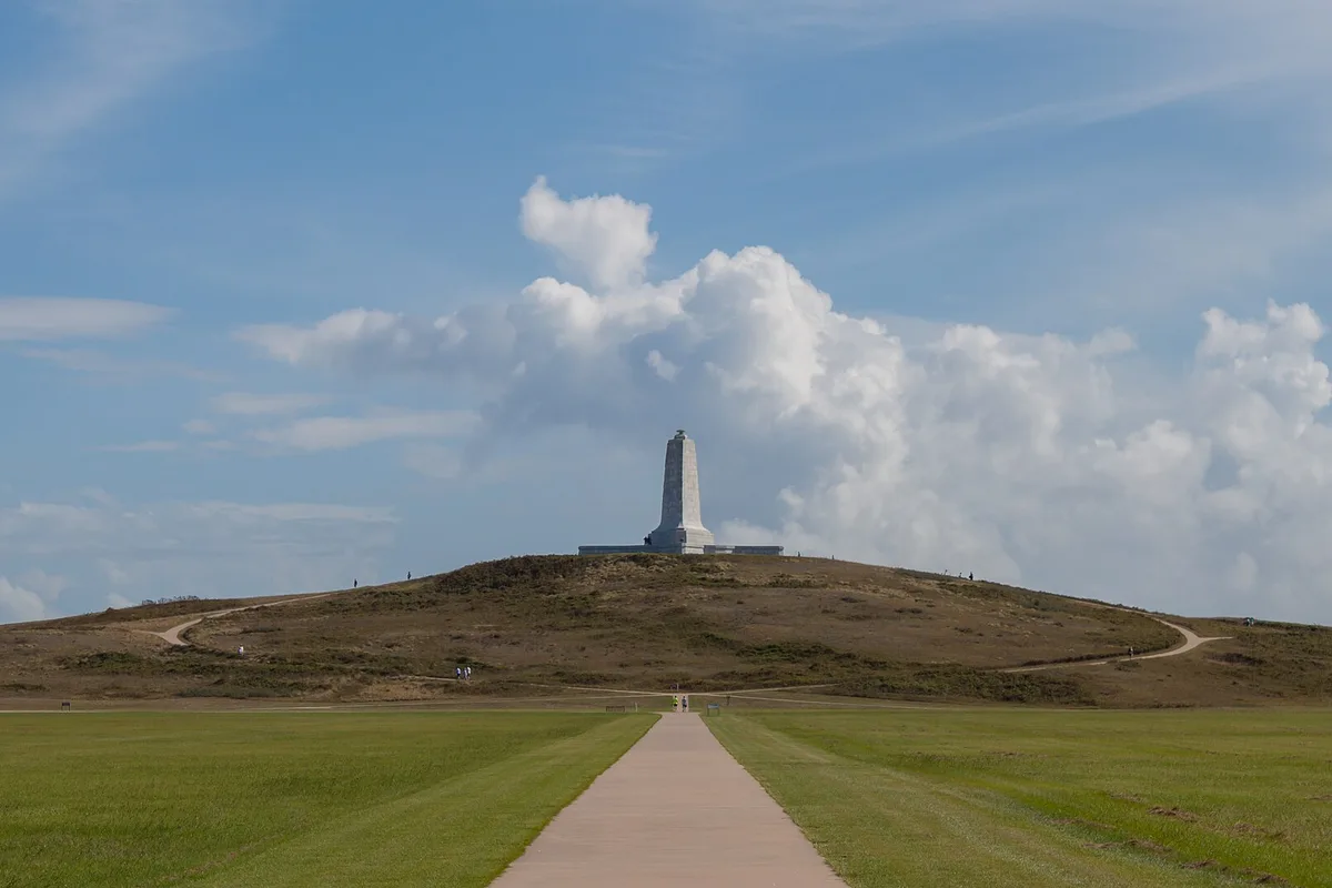 The Wright Brothers National Memorial monument on Big Kill Devil Hill, above the first-flight grounds