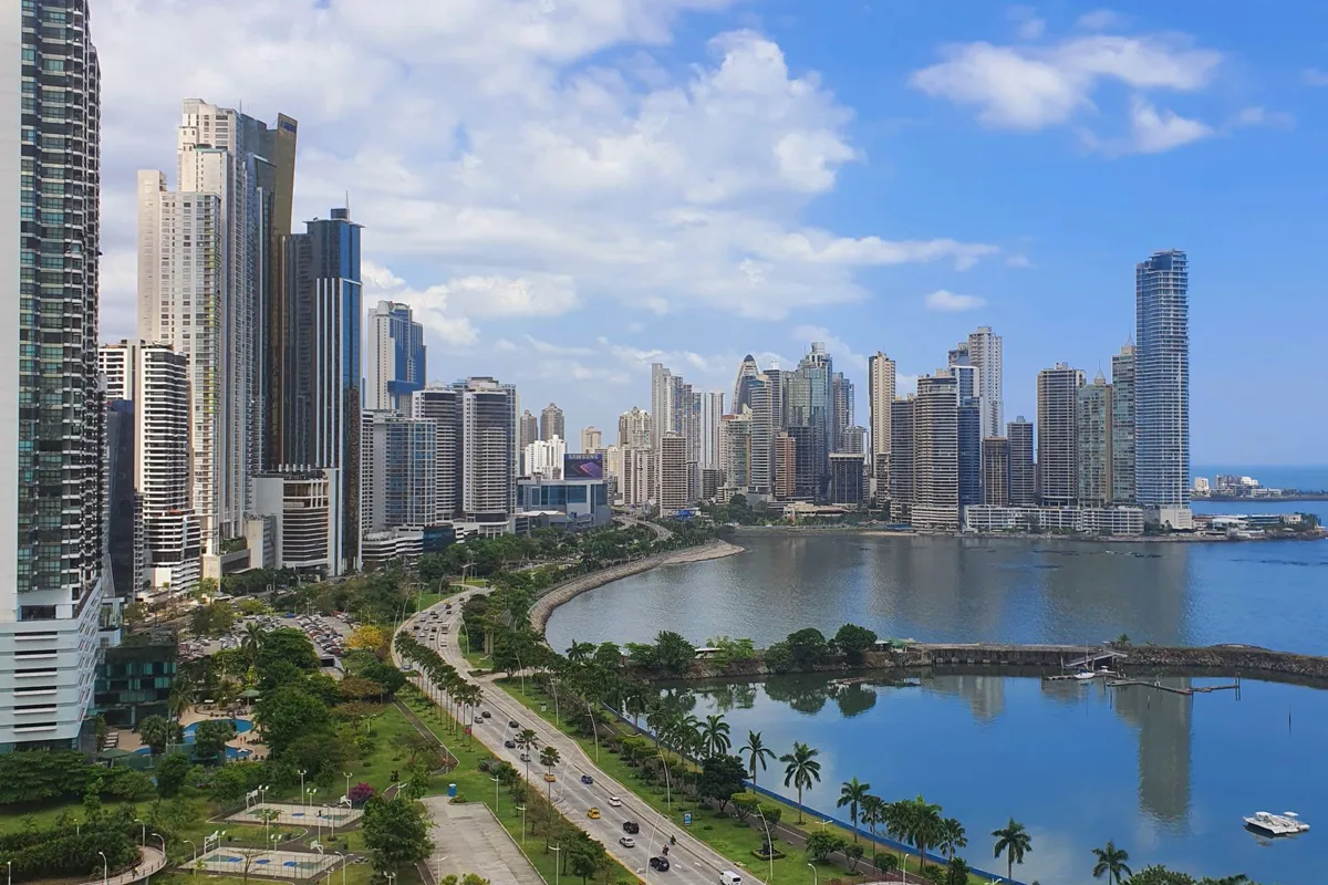 The Panama City skyline across the bay from the Cinta Costera