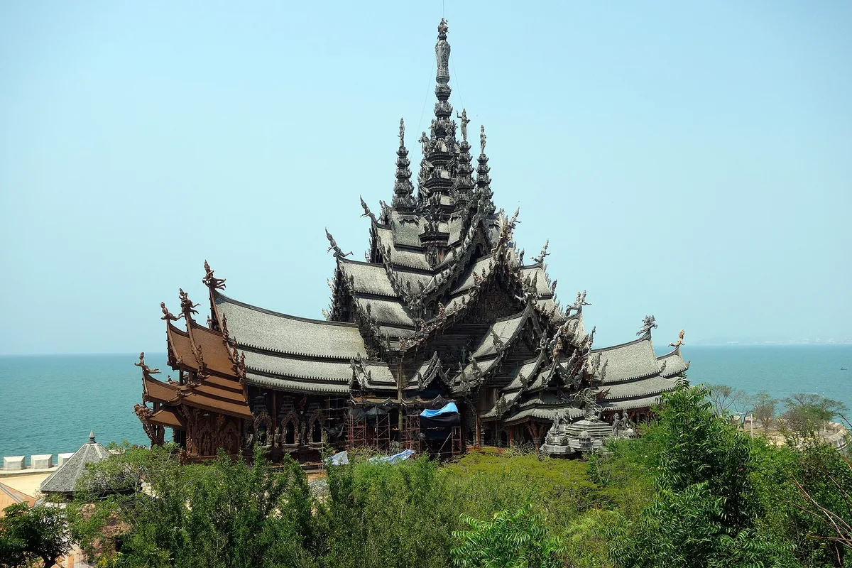 The Sanctuary of Truth, its carved wooden spires above the sea at Naklua