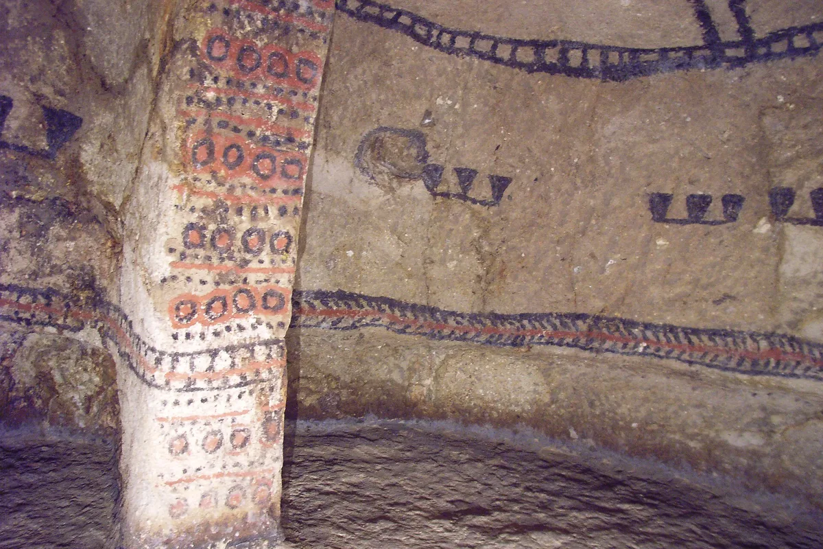 Painted walls inside a Tierradentro hypogeum, the underground tombs near Popayán