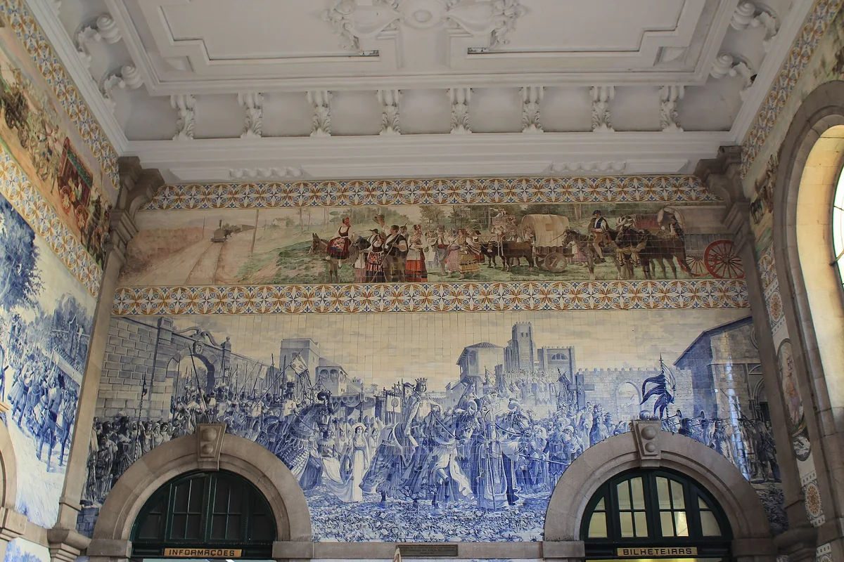 Blue and white azulejo tile panels inside São Bento station