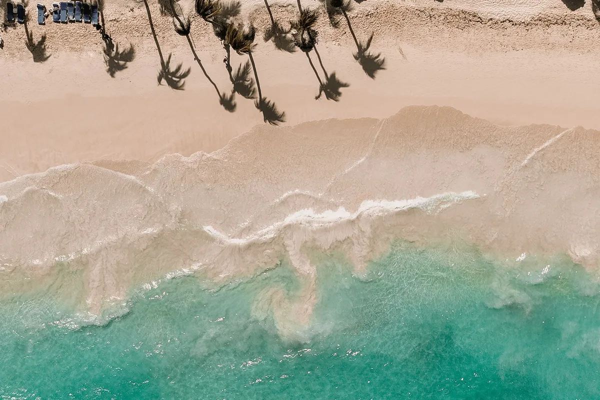 An aerial view of a Puerto Escondido beach, palms and palapa umbrellas along turquoise water