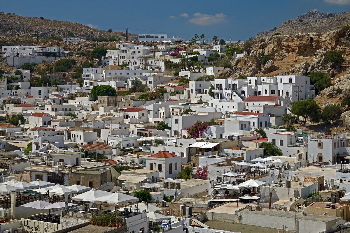 Lindos village and its bay seen from the acropolis above