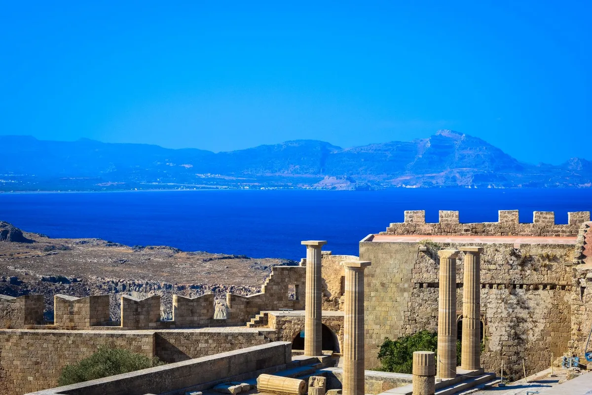 The Rhodes east coast, white houses and a bright bay in season