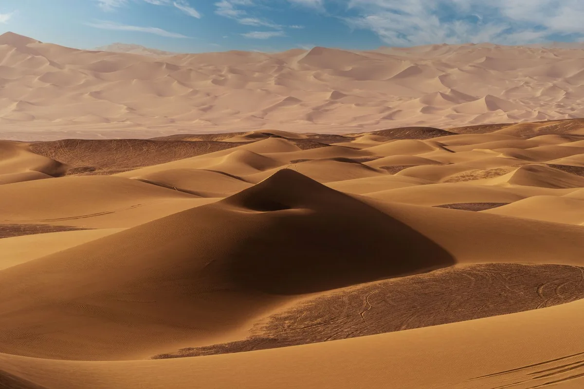 Golden-red sand dunes rolling to the horizon under a wide sky