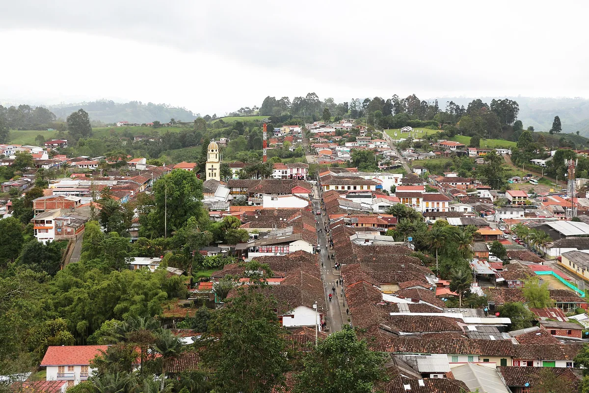 Salento seen from the mirador, tiled rooftops and the church tower in the coffee hills