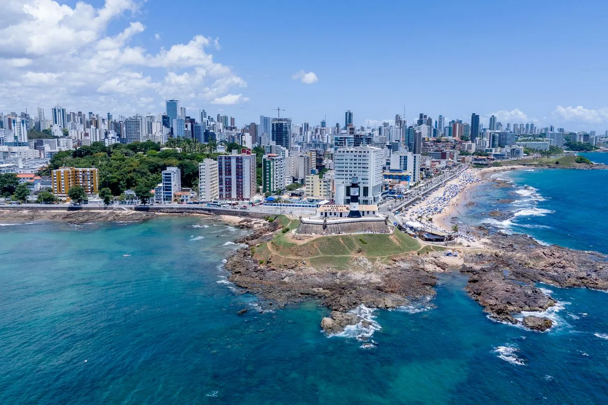 The Farol da Barra and its fort on the point at Barra, Salvador