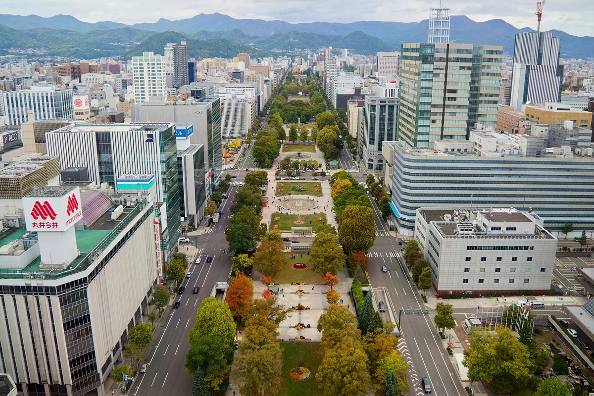 Odori Park from above in early autumn, the tree-lined blocks running west through the city