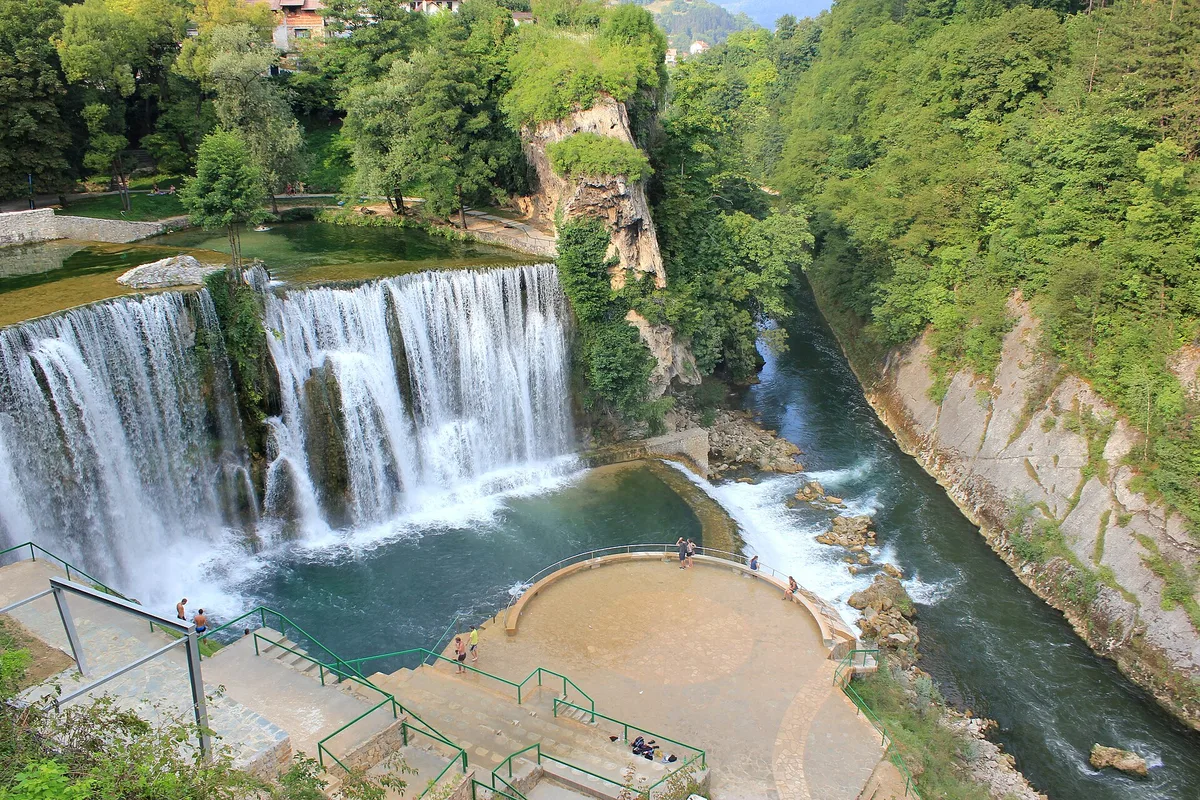 The Pliva waterfall dropping through the centre of Jajce