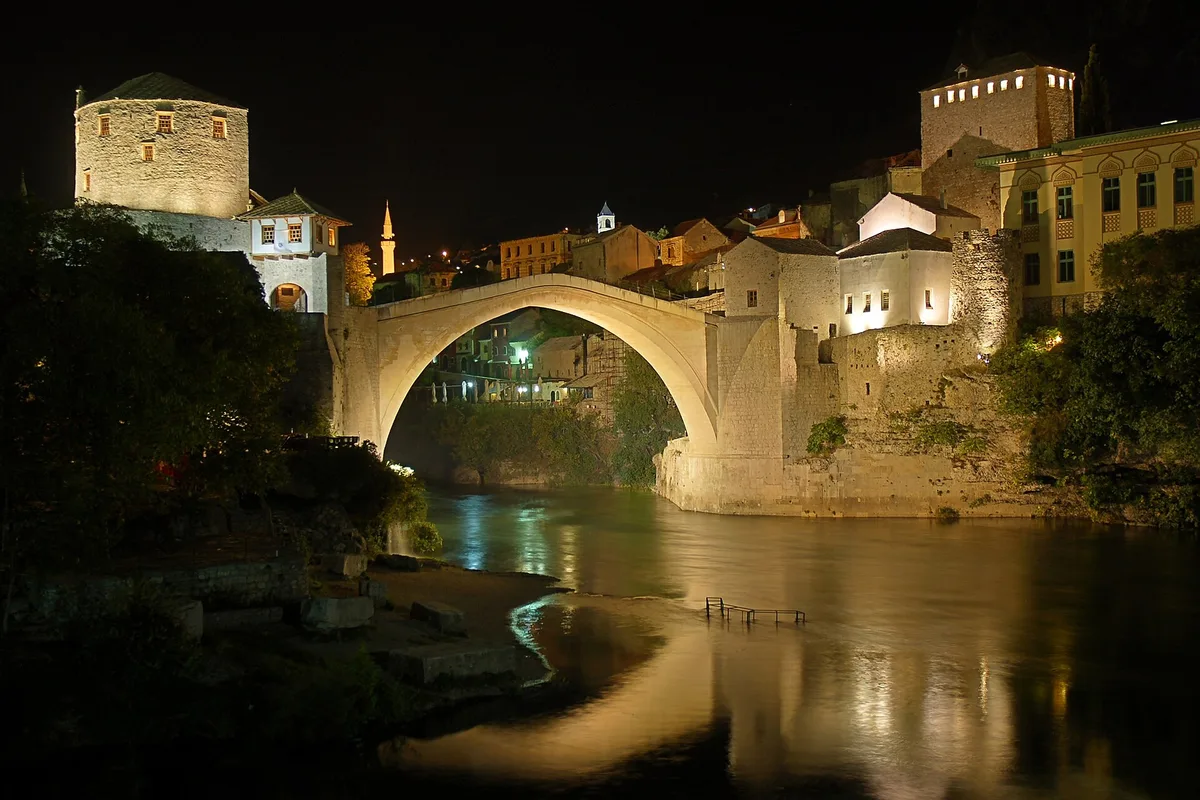 The Stari Most Old Bridge over the Neretva river in Mostar at night