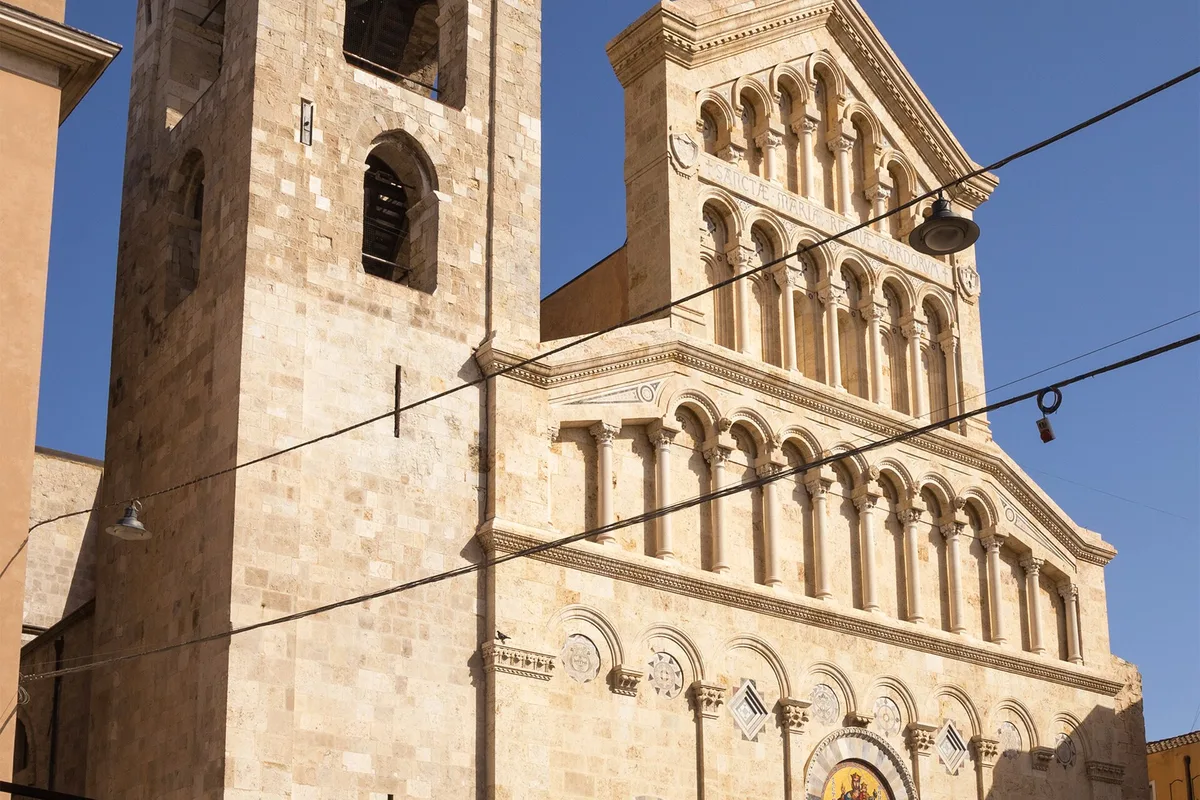 The facade and bell tower of Cagliari Cathedral in the Castello quarter