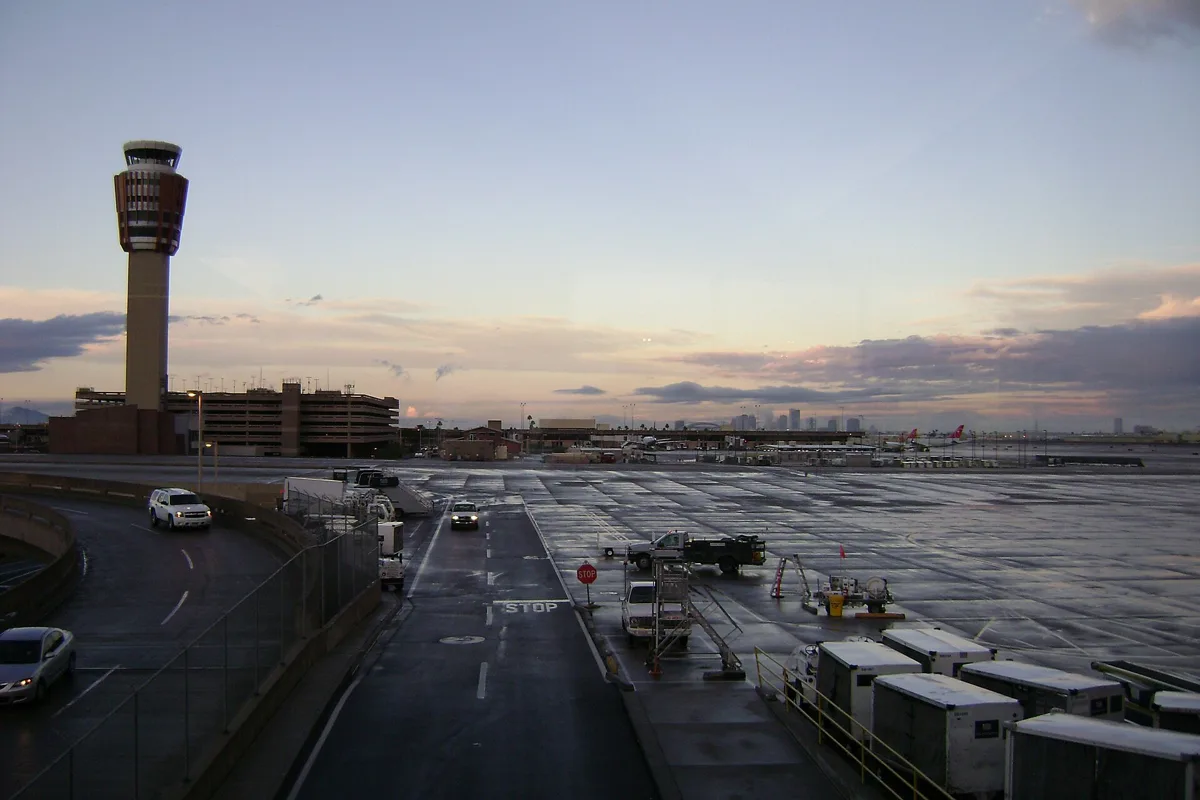 Phoenix Sky Harbor's control tower and terminal roads at dusk