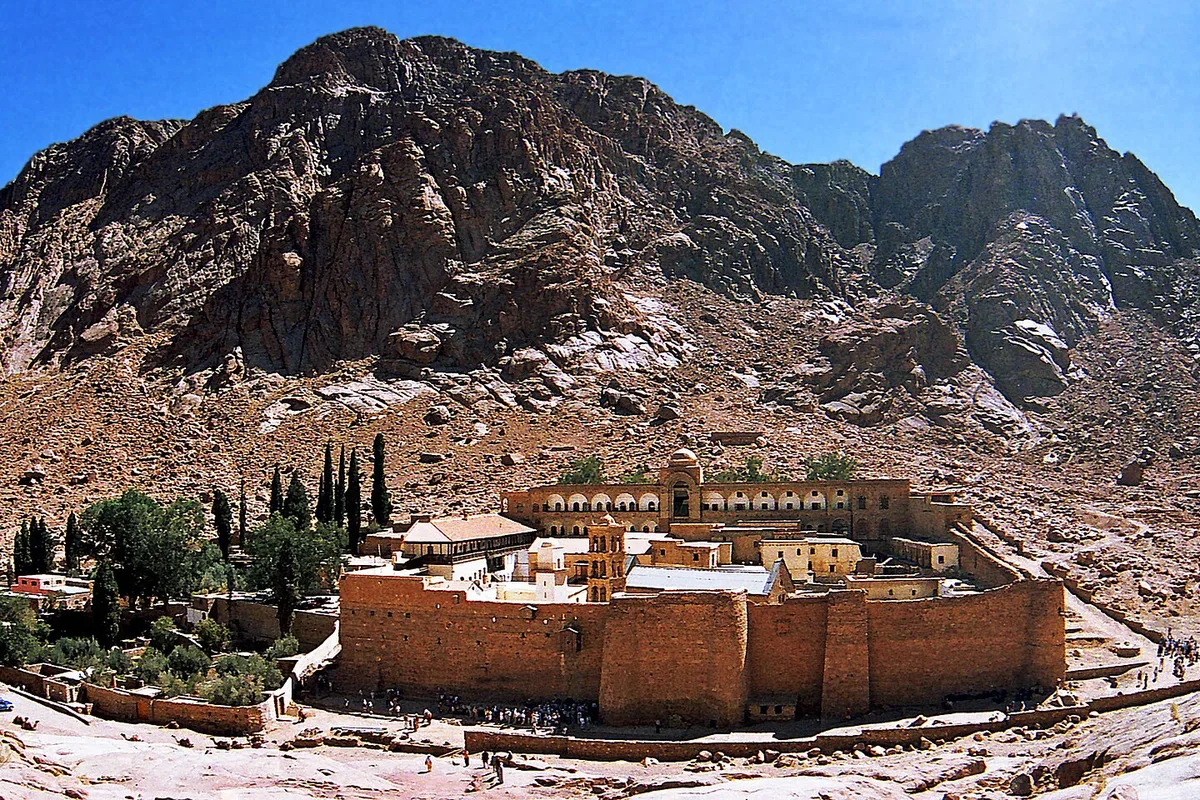 Saint Catherine's Monastery in its granite bowl below Mount Sinai at morning