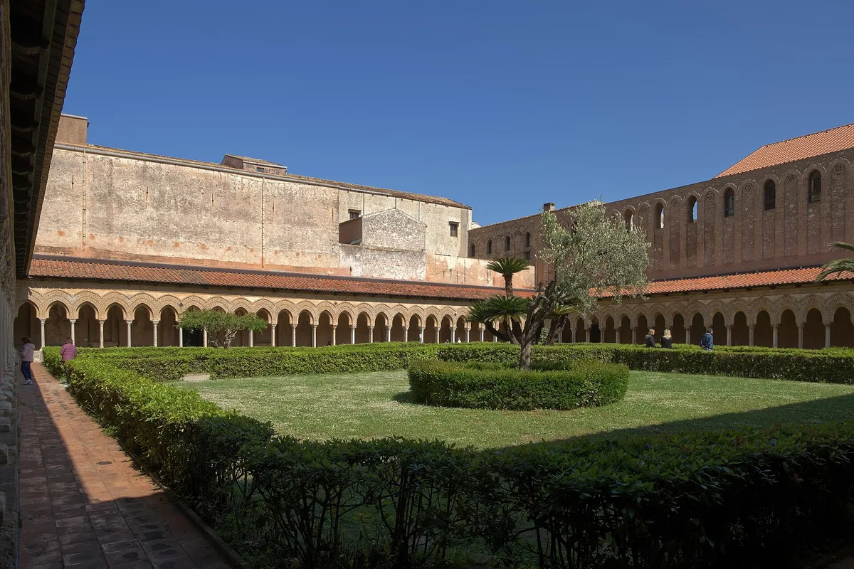 The Benedictine cloister at Monreale, arches around a garden above Palermo