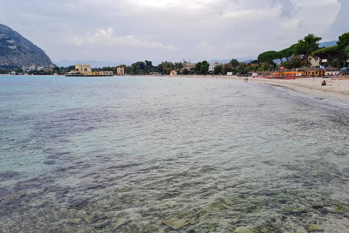 Mondello beach near Palermo, pale sand and clear water under Monte Pellegrino
