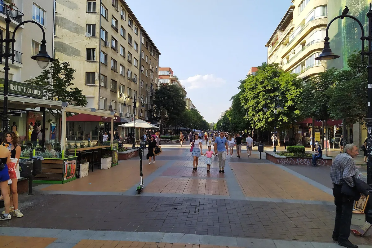 Pedestrians and café tables along Vitosha Boulevard, Sofia's main shopping street