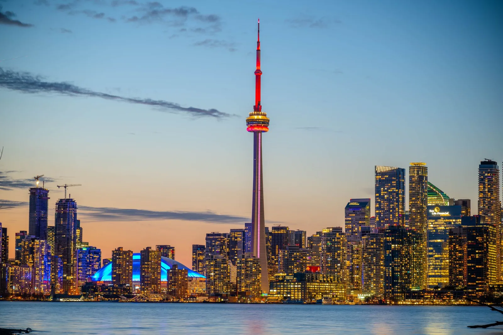 Toronto skyline at sunset with the CN Tower