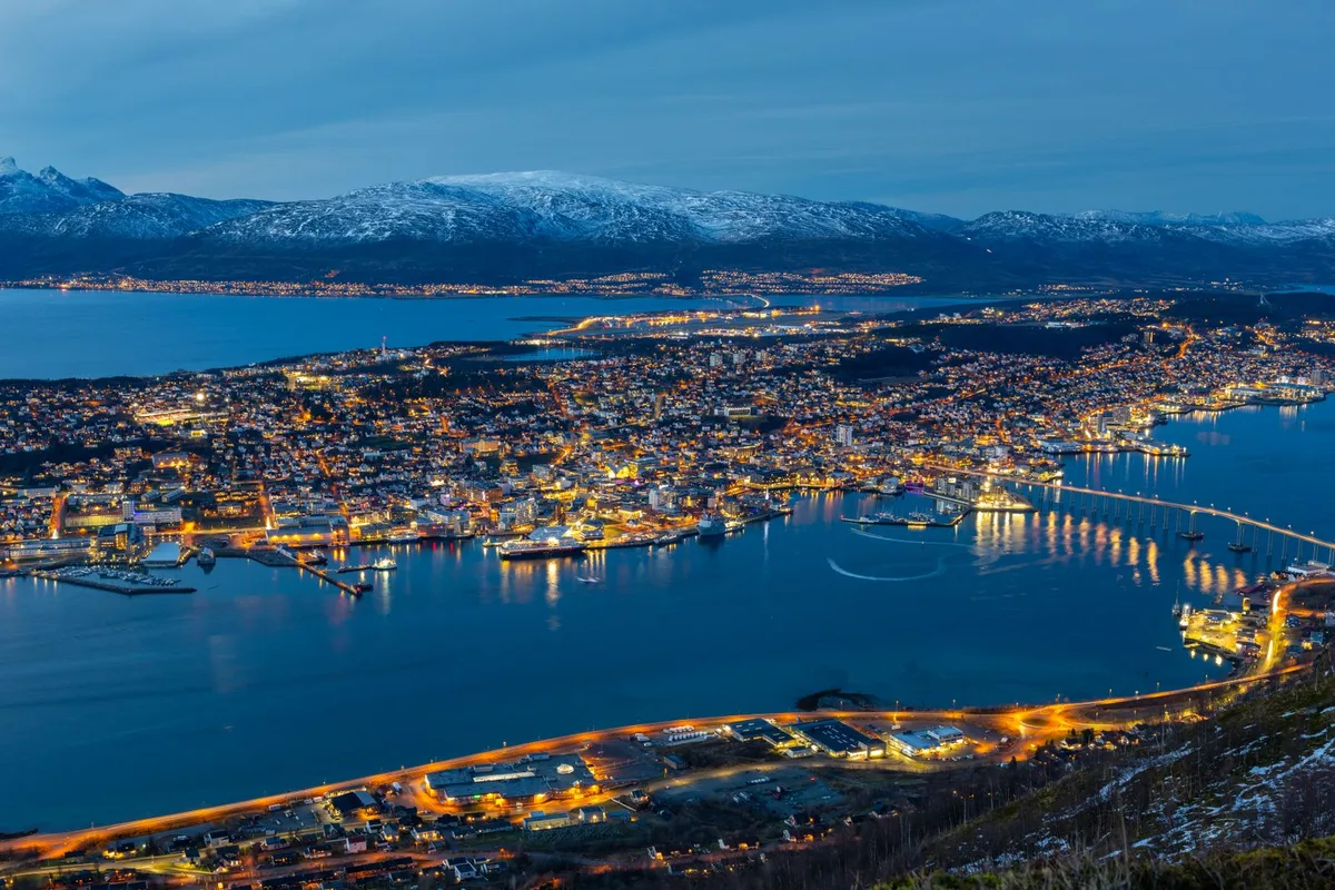 Tromsø from Fjellheisen at dusk, the island city