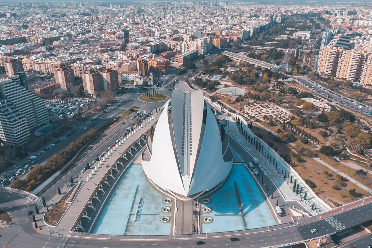 Aerial view of the Palau de les Arts and the turquoise pools of the City of Arts and Sciences, Valencia