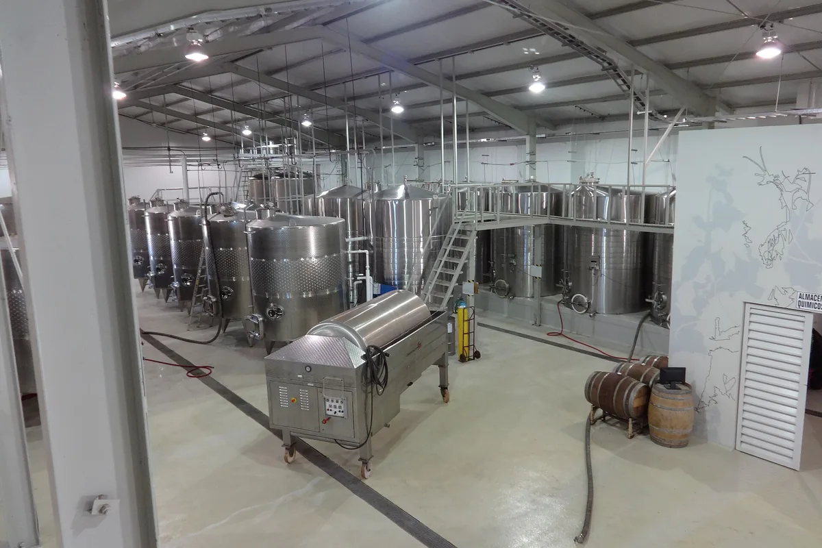 The fermentation hall at Monte Xanic winery, stainless steel tanks in Valle de Guadalupe