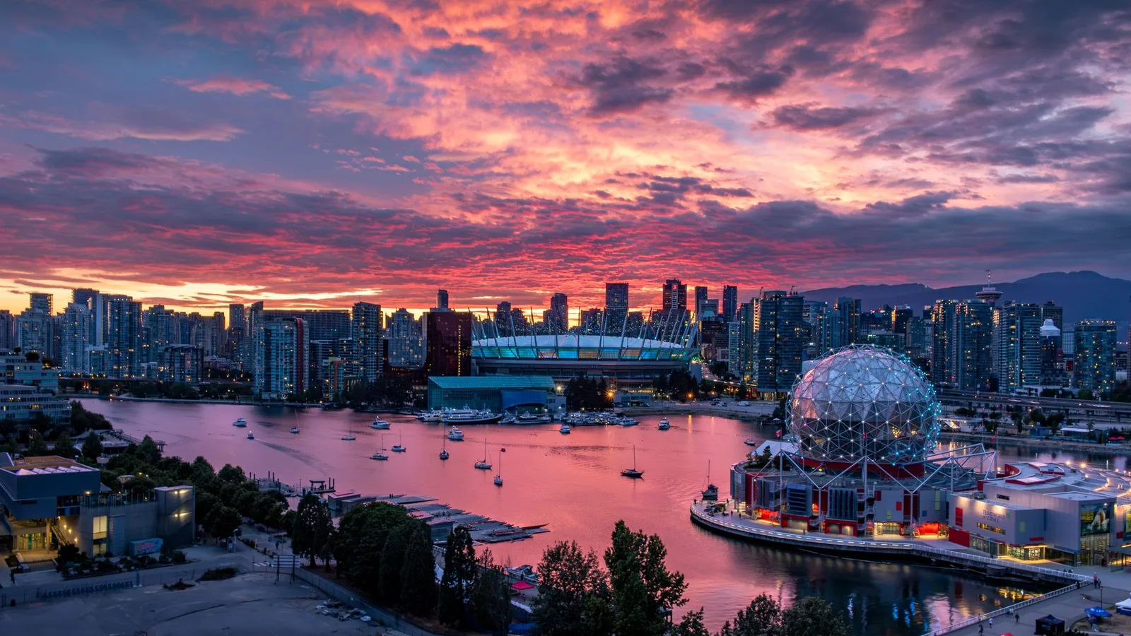 Vancouver and False Creek under a pink sunset