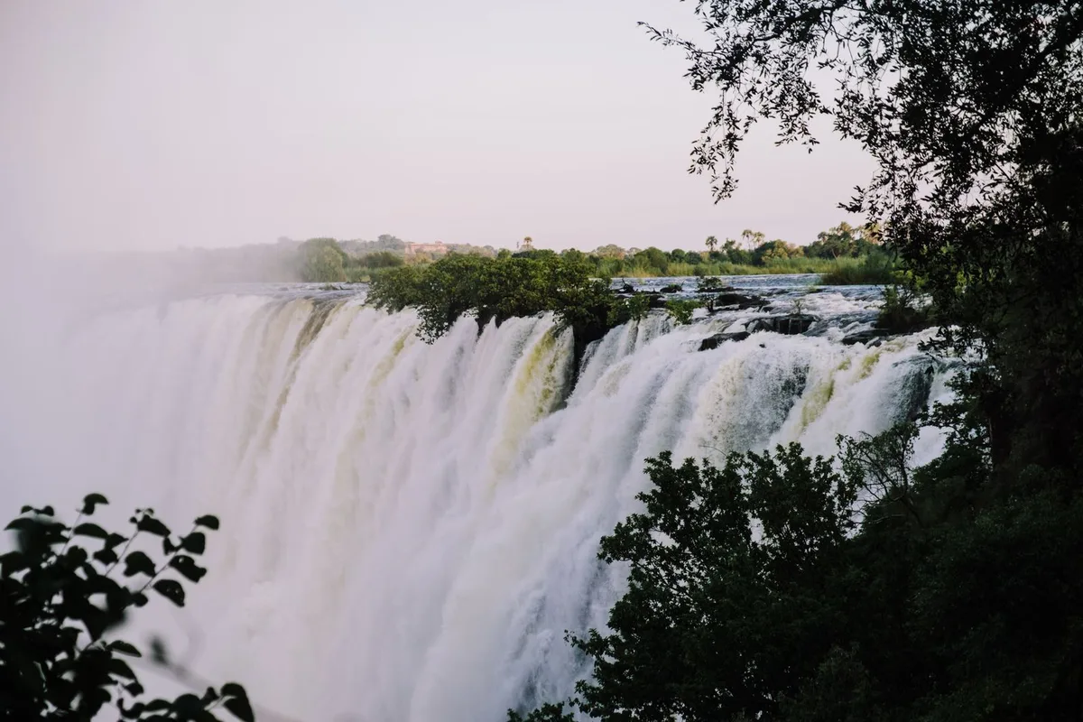The full curtain of Victoria Falls seen from the Zimbabwe rainforest trail, spray rising through the trees