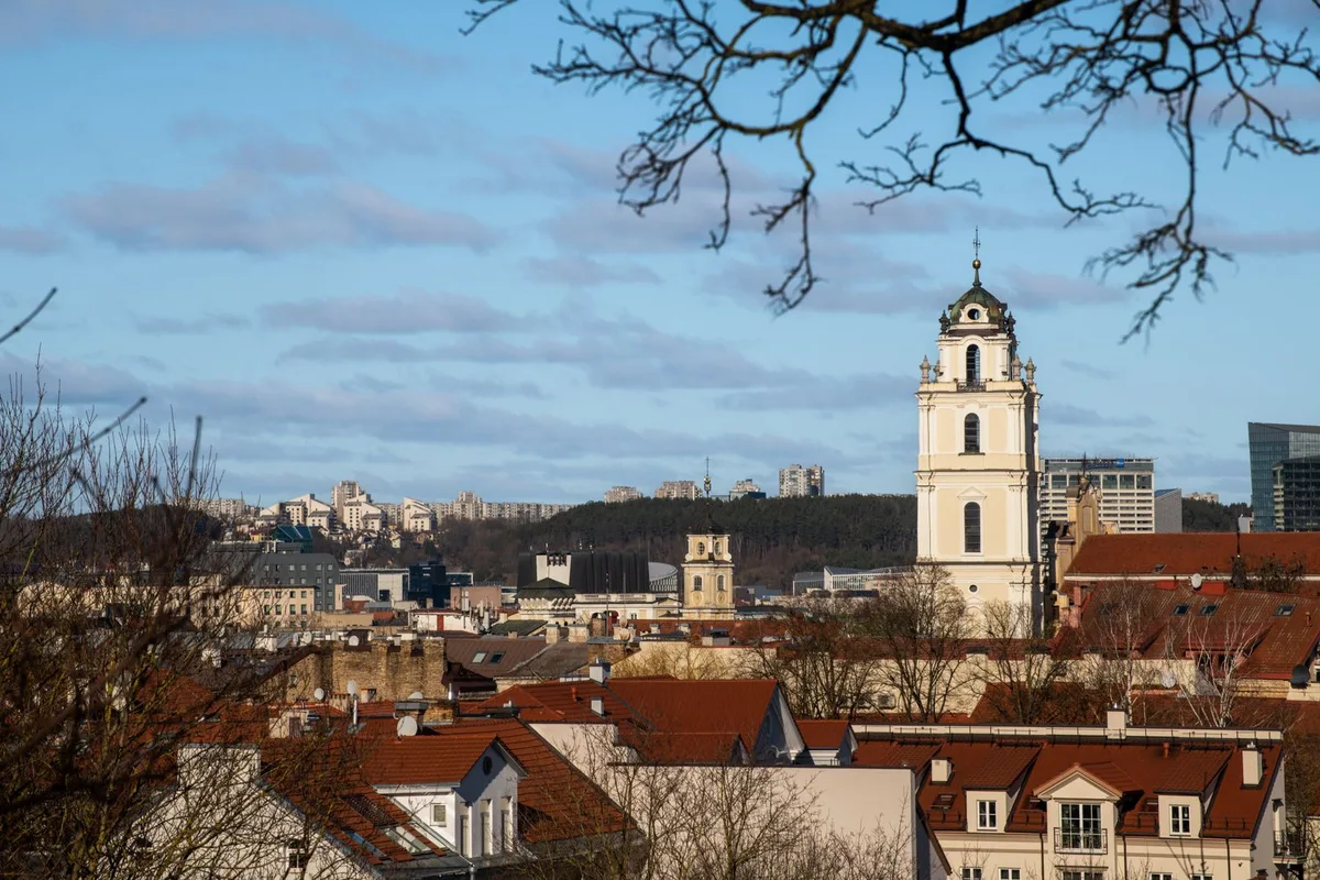 The cathedral bell tower and Gediminas Hill over the red roofs of Vilnius Old Town