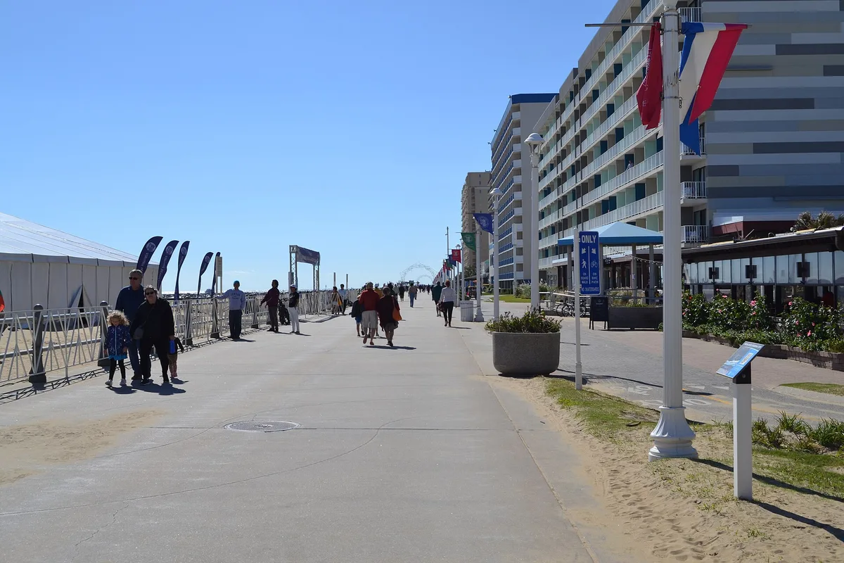 The Virginia Beach boardwalk on an October day, walkers and cyclists on the promenade