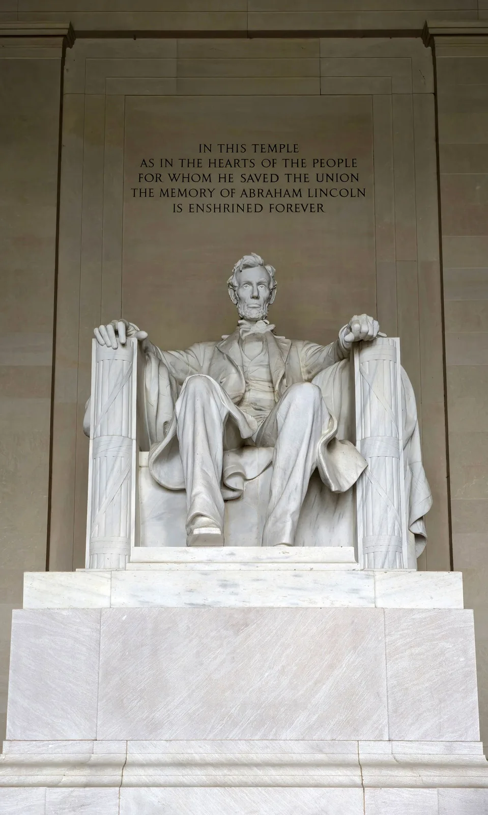 Abraham Lincoln's seated statue inside the Lincoln Memorial