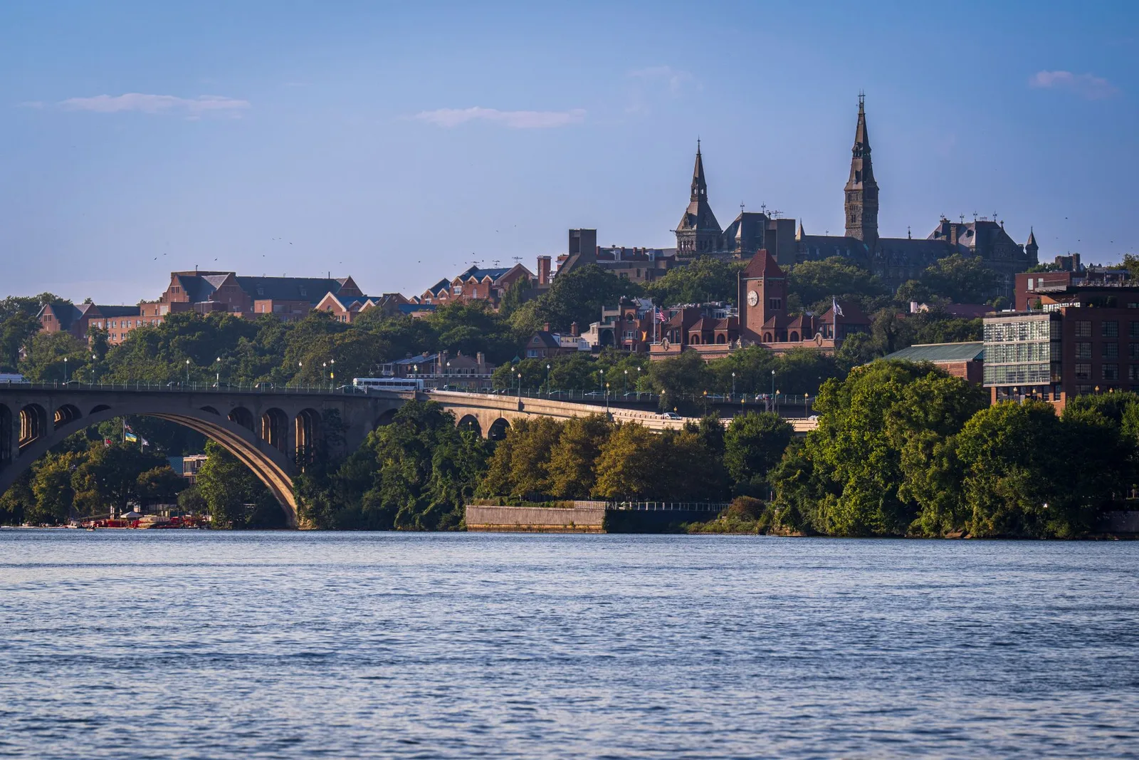 Georgetown and the Key Bridge over the Potomac, Healy Hall's spires above the rooftops