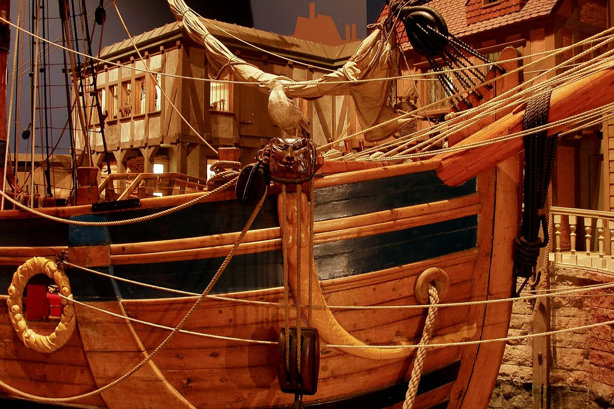 The bow of the Nonsuch replica, the 17th-century ketch inside the Manitoba Museum
