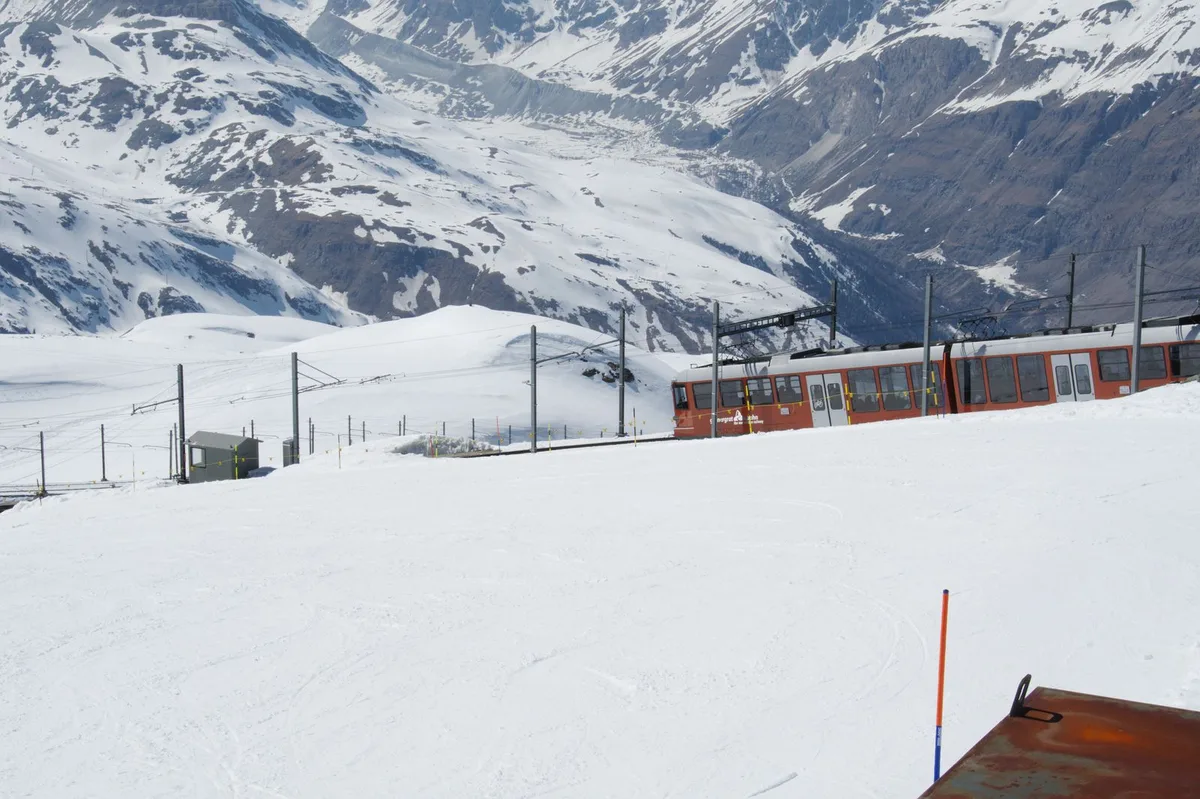 A train at Gornergrat station in the Swiss Alps