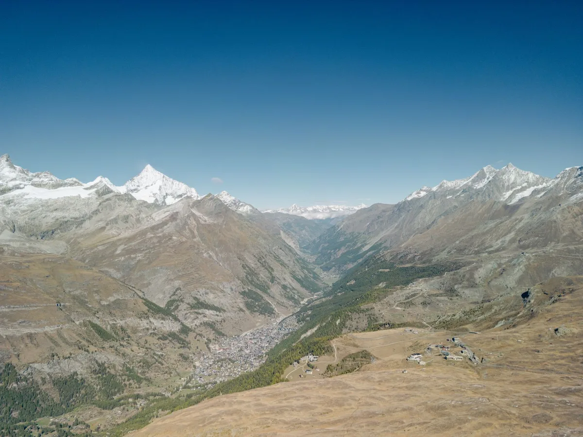 An aerial view over the Swiss Alps and the Zermatt valley