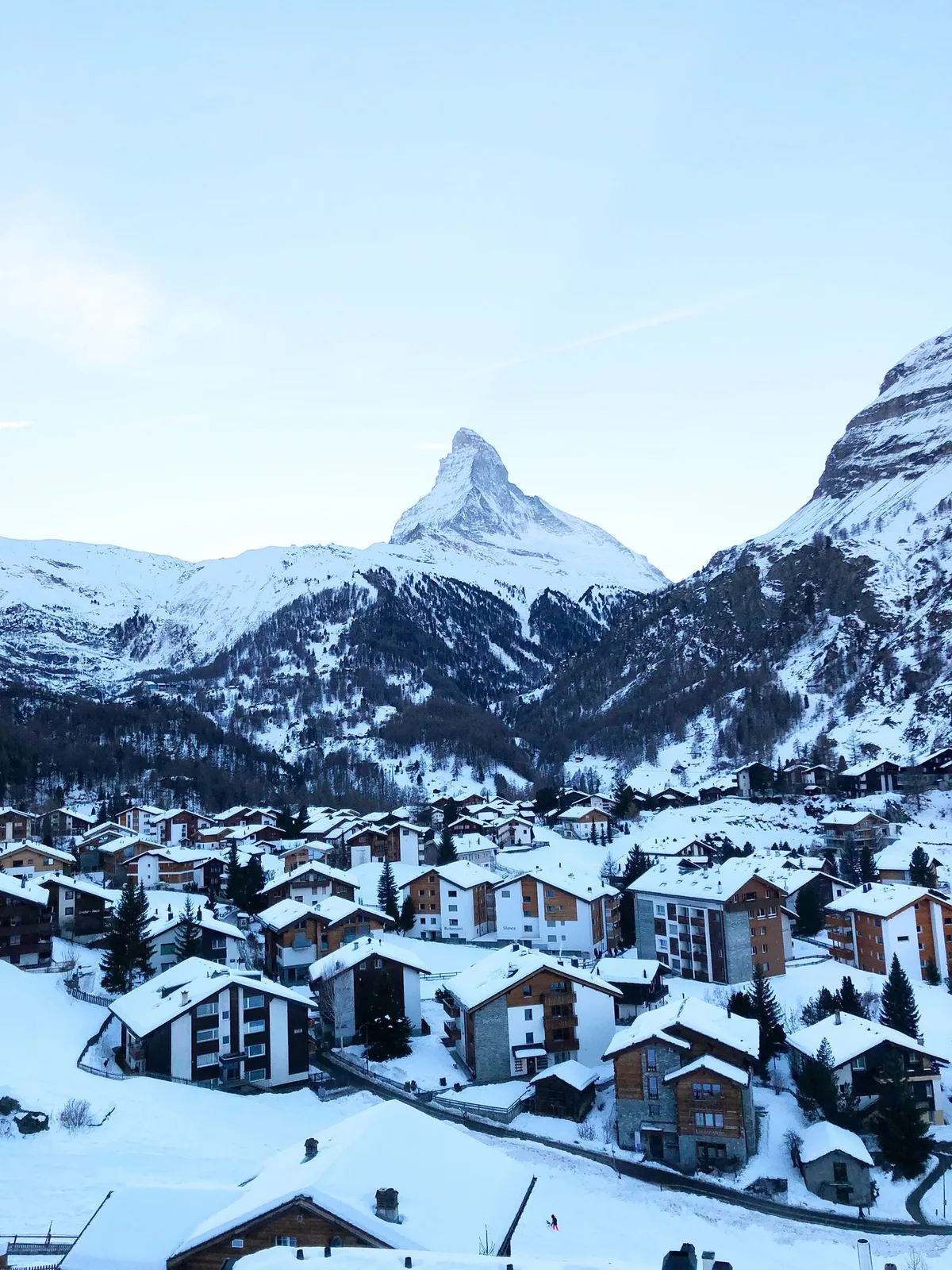 Zermatt village with the Matterhorn behind, in winter